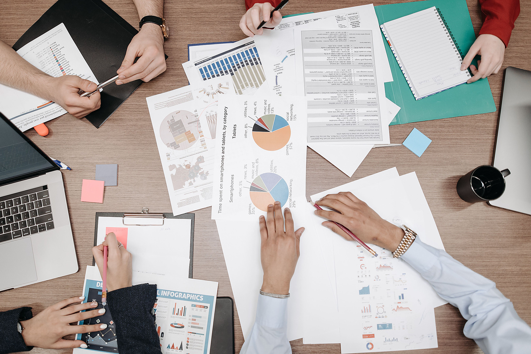 Treasury charts and business financial reports reviewed by a team